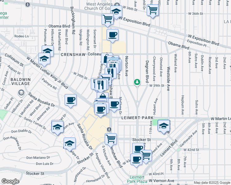 map of restaurants, bars, coffee shops, grocery stores, and more near 218 Crenshaw Boulevard in Los Angeles