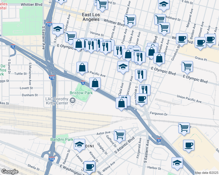 map of restaurants, bars, coffee shops, grocery stores, and more near 1347 Fraser Avenue in East Los Angeles