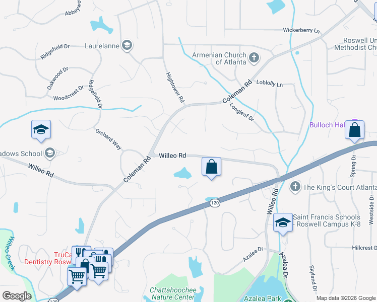 map of restaurants, bars, coffee shops, grocery stores, and more near 665 Willeo Road in Roswell