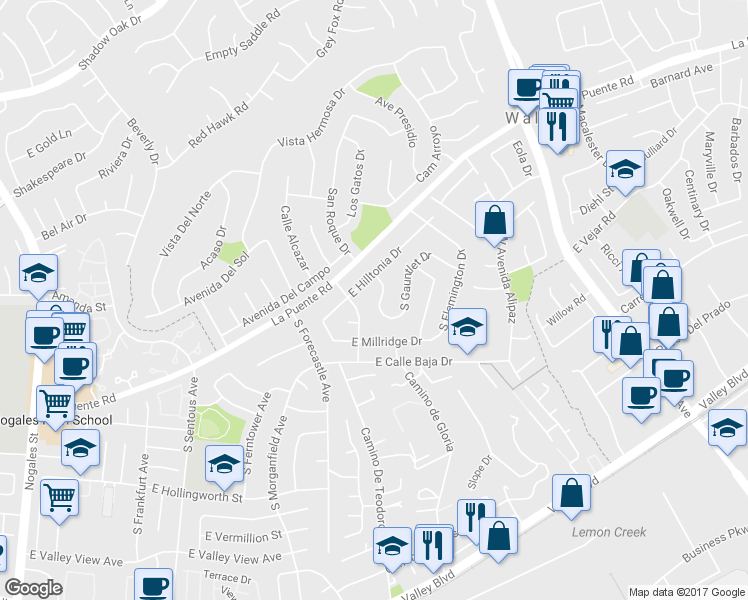 map of restaurants, bars, coffee shops, grocery stores, and more near 3316 South Gauntlet Drive in West Covina