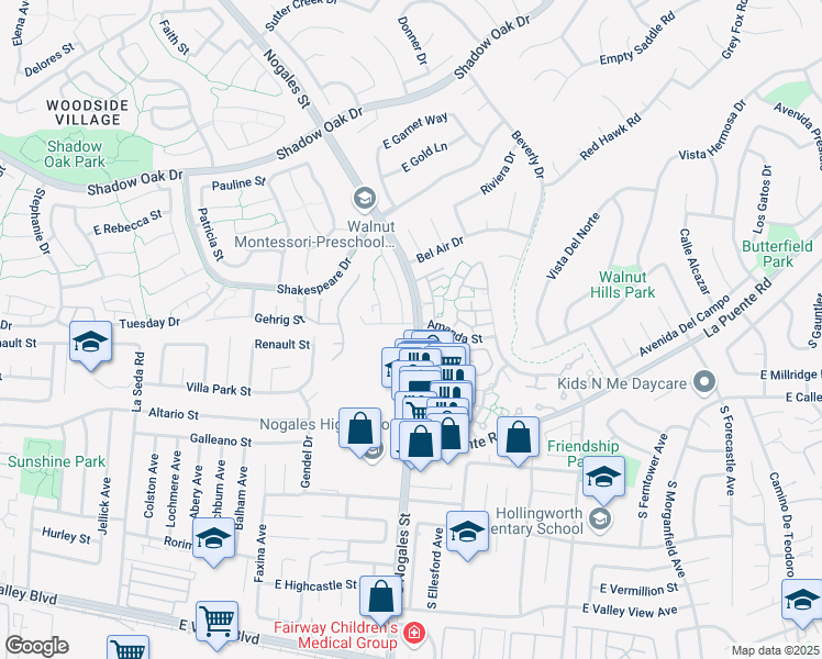map of restaurants, bars, coffee shops, grocery stores, and more near 2734 Amanda Street in West Covina