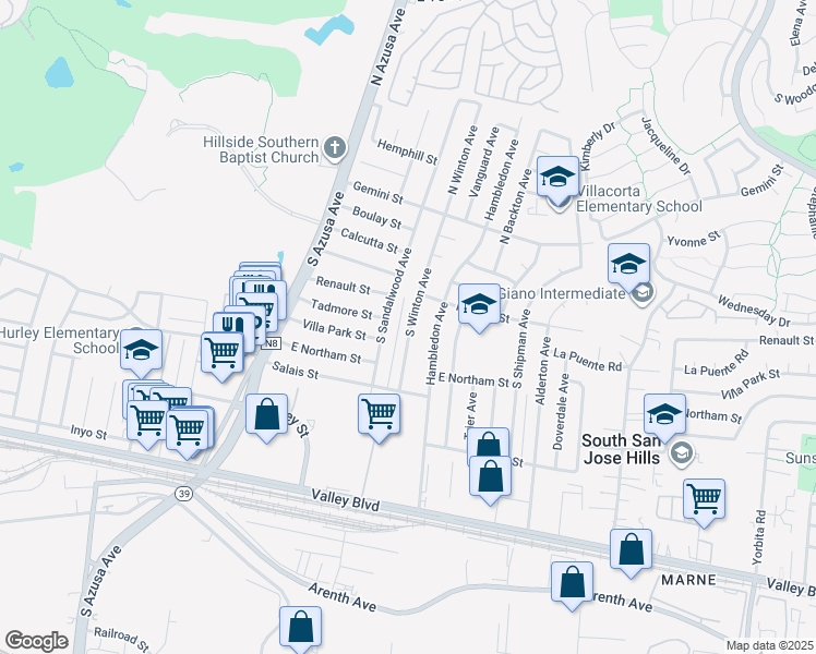 map of restaurants, bars, coffee shops, grocery stores, and more near 315 South Winton Avenue in La Puente