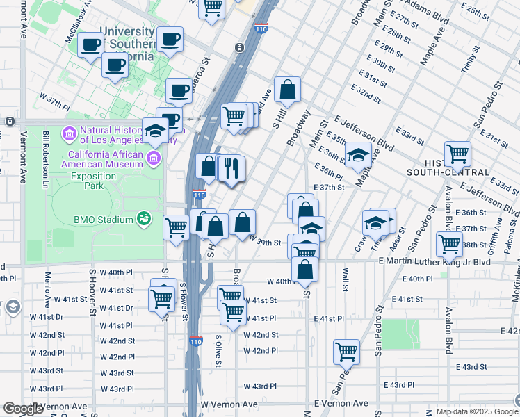 map of restaurants, bars, coffee shops, grocery stores, and more near 225 West 38th Street in Los Angeles