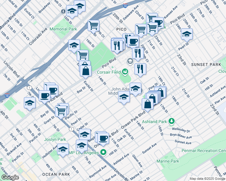 map of restaurants, bars, coffee shops, grocery stores, and more near 2213 14th Street in Santa Monica