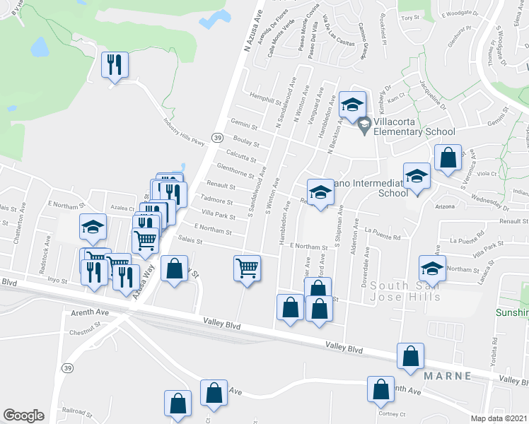 map of restaurants, bars, coffee shops, grocery stores, and more near 315 South Winton Avenue in La Puente