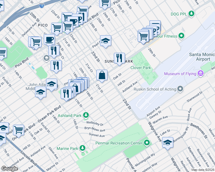 map of restaurants, bars, coffee shops, grocery stores, and more near 2117 Oak Street in Santa Monica