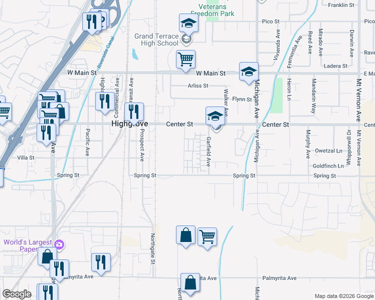 map of restaurants, bars, coffee shops, grocery stores, and more near 878-700 Villa Street in Riverside
