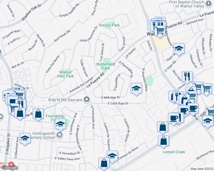 map of restaurants, bars, coffee shops, grocery stores, and more near 3316 South Gauntlet Drive in West Covina