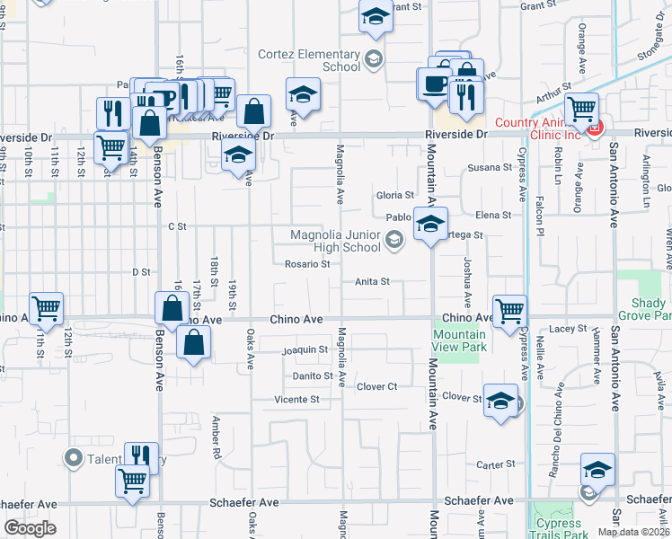 map of restaurants, bars, coffee shops, grocery stores, and more near 6087 Rosario Street in Chino