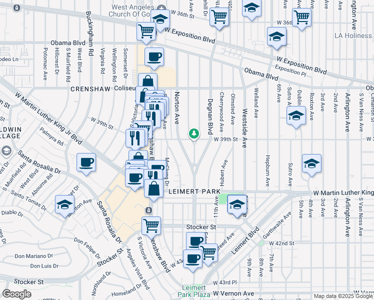 map of restaurants, bars, coffee shops, grocery stores, and more near 3926 South Norton Avenue in Los Angeles