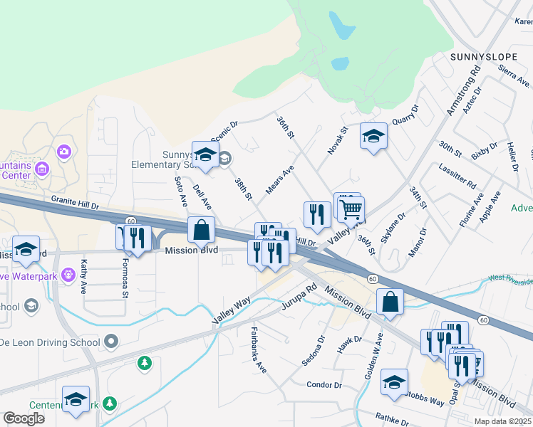 map of restaurants, bars, coffee shops, grocery stores, and more near 6971 38th Street in Riverside