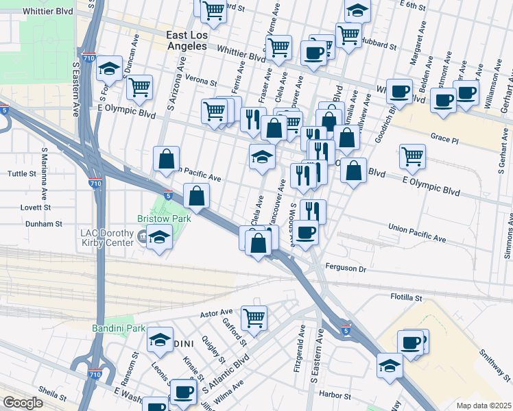 map of restaurants, bars, coffee shops, grocery stores, and more near 1234 Clela Avenue in East Los Angeles
