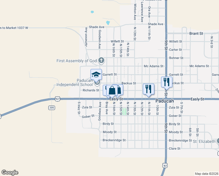 map of restaurants, bars, coffee shops, grocery stores, and more near 820 North 16th Street in Paducah
