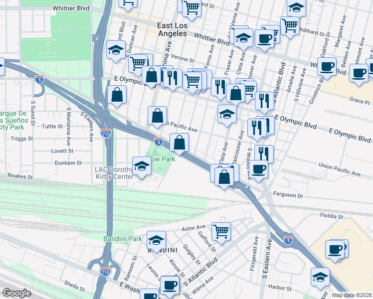 map of restaurants, bars, coffee shops, grocery stores, and more near 4905 Telegraph Road in Los Angeles