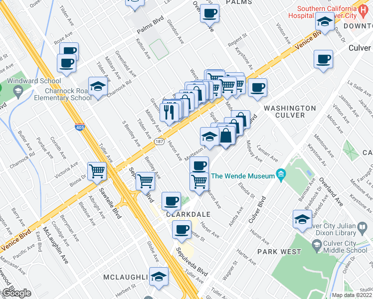 map of restaurants, bars, coffee shops, grocery stores, and more near 3864 Prospect Avenue in Culver City