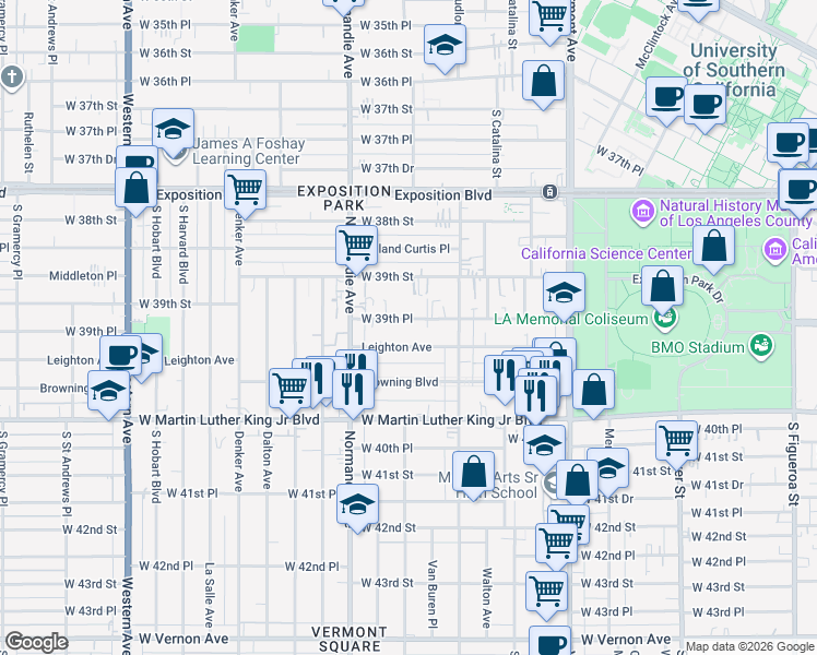 map of restaurants, bars, coffee shops, grocery stores, and more near 1214 West 39th Place in Los Angeles
