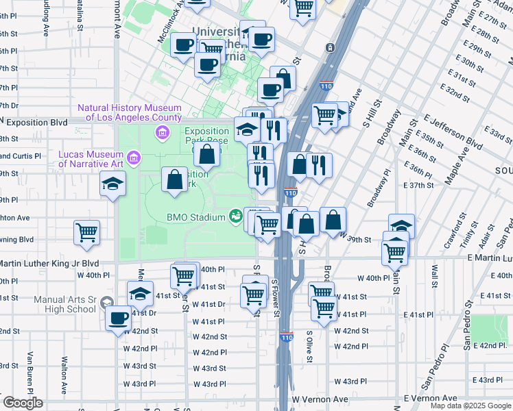 map of restaurants, bars, coffee shops, grocery stores, and more near 3911 South Figueroa Street in Los Angeles