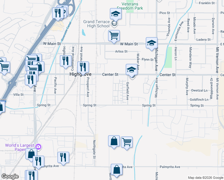 map of restaurants, bars, coffee shops, grocery stores, and more near 878-700 Villa St in Riverside