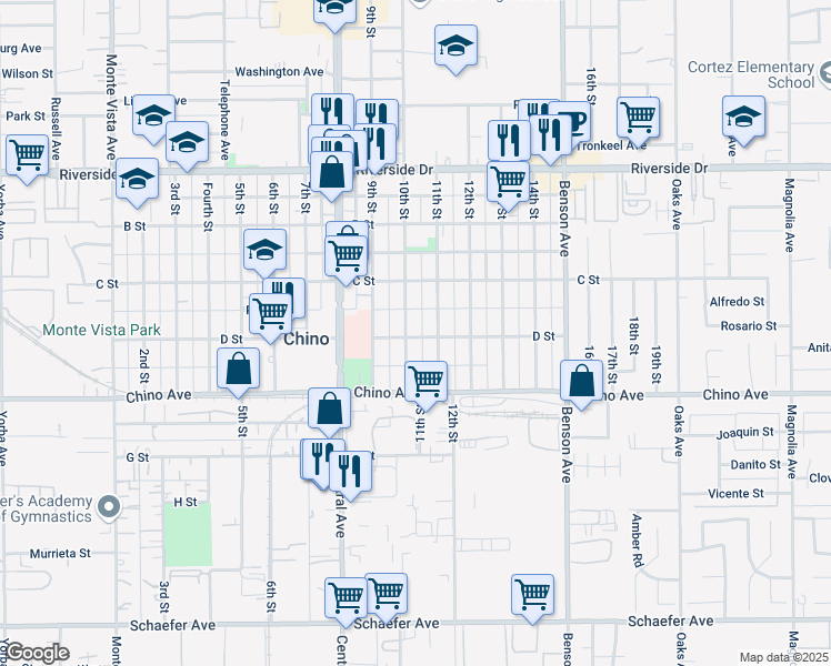 map of restaurants, bars, coffee shops, grocery stores, and more near 13180 10th Street in Chino
