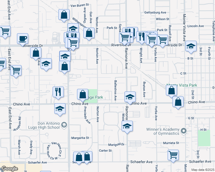 map of restaurants, bars, coffee shops, grocery stores, and more near 4363 Whitney Court in Chino