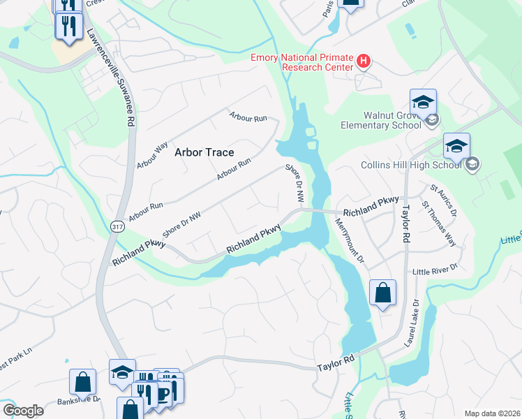 map of restaurants, bars, coffee shops, grocery stores, and more near 344 Bayshore Court Northwest in Suwanee