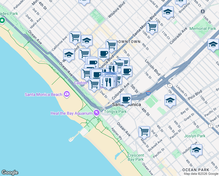 map of restaurants, bars, coffee shops, grocery stores, and more near 395 Santa Monica Place in Santa Monica