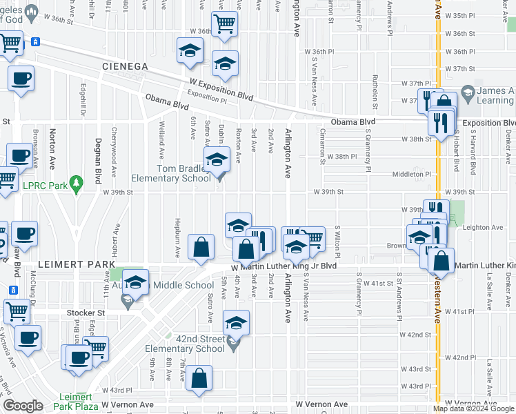map of restaurants, bars, coffee shops, grocery stores, and more near 3920 3rd Avenue in Los Angeles