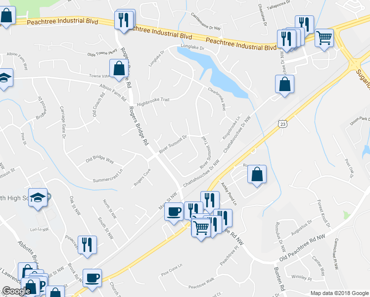 map of restaurants, bars, coffee shops, grocery stores, and more near 2639 Timberbrooke Way in Duluth
