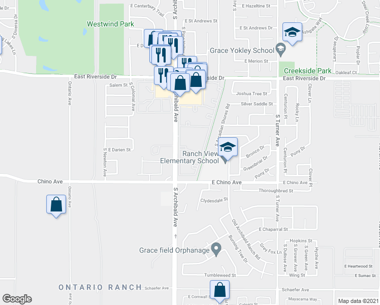 map of restaurants, bars, coffee shops, grocery stores, and more near 3303 South Archibald Avenue in Ontario
