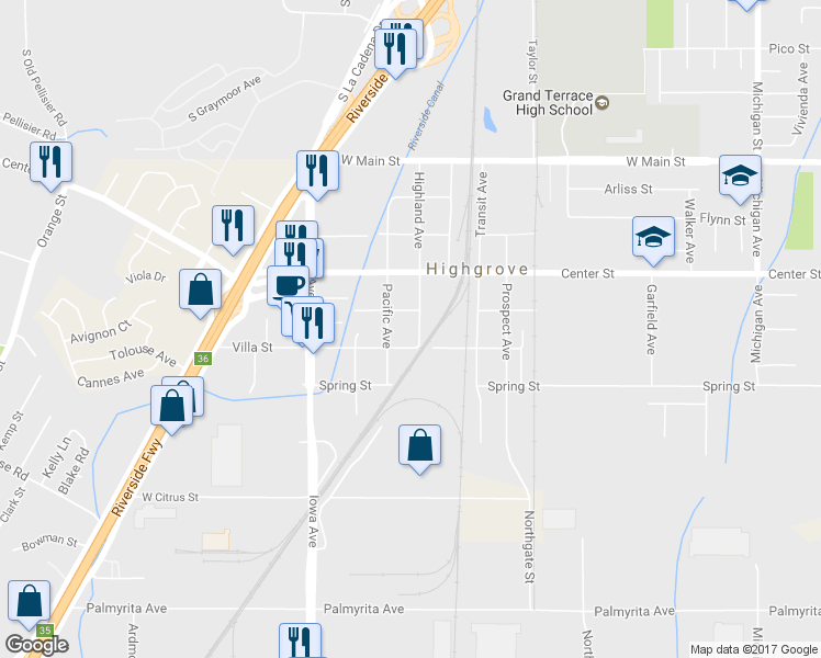 map of restaurants, bars, coffee shops, grocery stores, and more near 429 Highland Avenue in Riverside