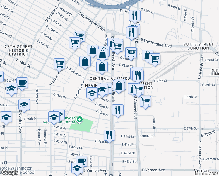 map of restaurants, bars, coffee shops, grocery stores, and more near 2521 Long Beach Avenue in Los Angeles
