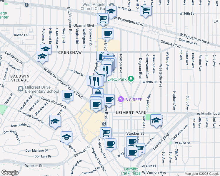 map of restaurants, bars, coffee shops, grocery stores, and more near 3922 Crenshaw Boulevard in Los Angeles