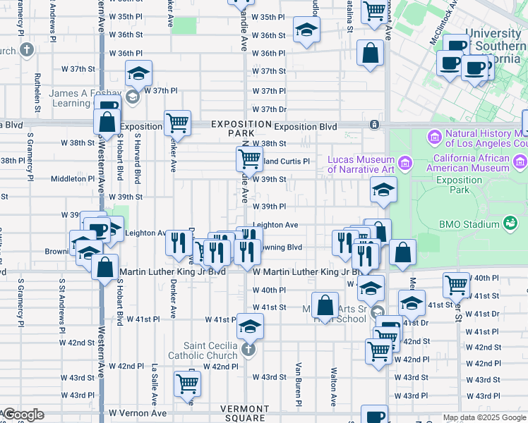 map of restaurants, bars, coffee shops, grocery stores, and more near 1256 West 39th Place in Los Angeles