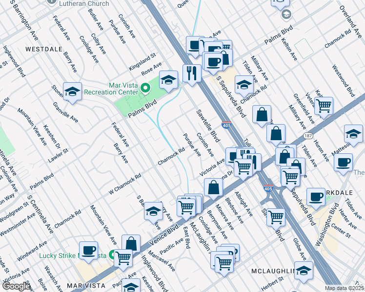 map of restaurants, bars, coffee shops, grocery stores, and more near 11419 Charnock Road in Los Angeles