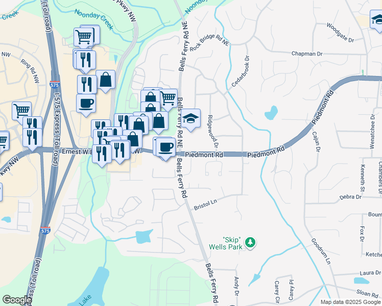 map of restaurants, bars, coffee shops, grocery stores, and more near 123 Piedmont Road in Marietta