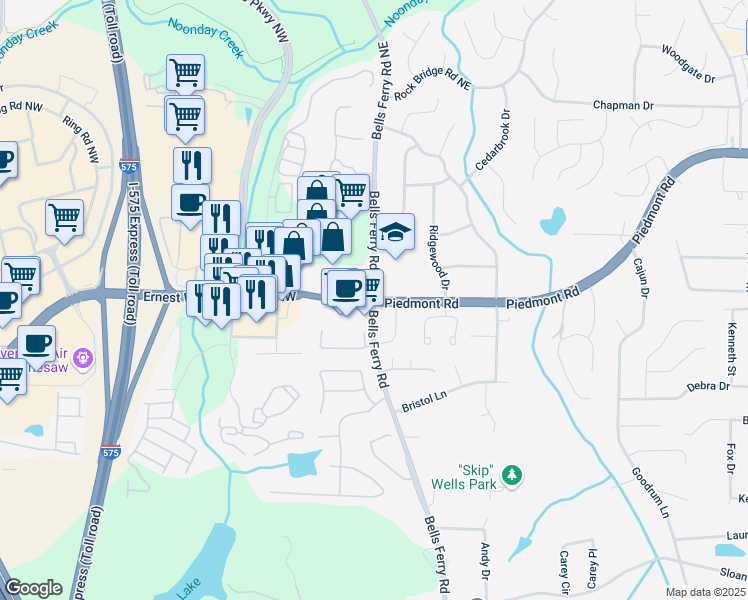 map of restaurants, bars, coffee shops, grocery stores, and more near Bells Ferry Rd NE & Bells Ferry Rd & Piedmont Rd in Marietta