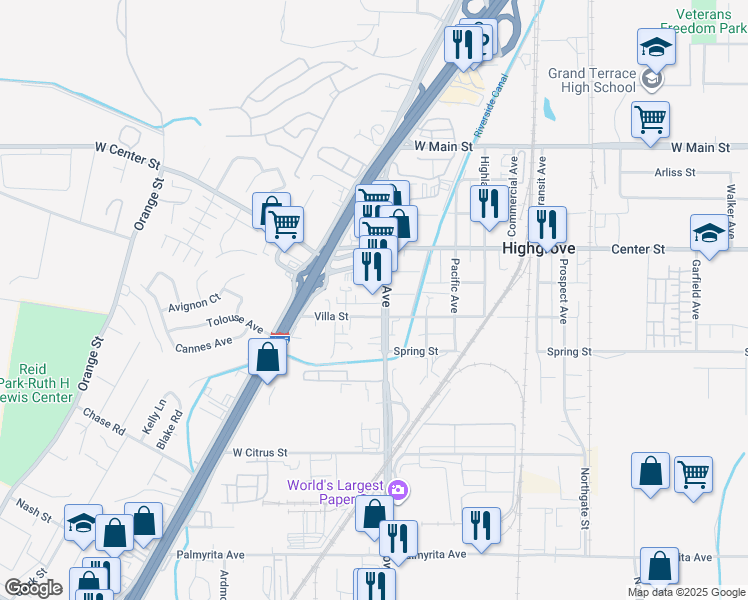 map of restaurants, bars, coffee shops, grocery stores, and more near 421 Iowa Avenue in Riverside