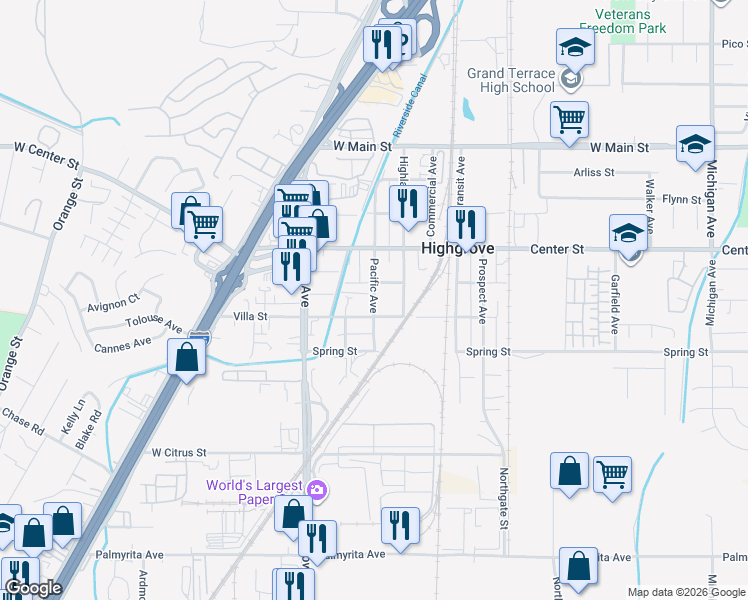 map of restaurants, bars, coffee shops, grocery stores, and more near 420 Glen Street in Riverside