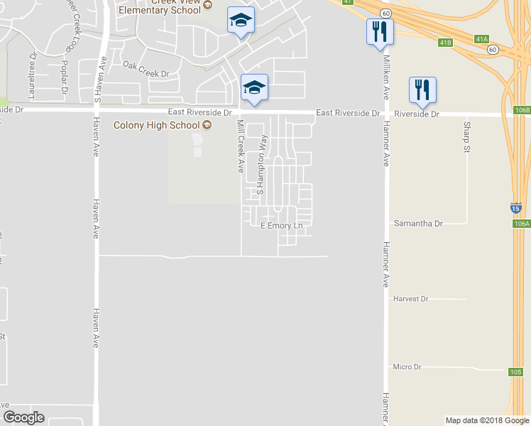 map of restaurants, bars, coffee shops, grocery stores, and more near 3980 East Bethany Way in Ontario