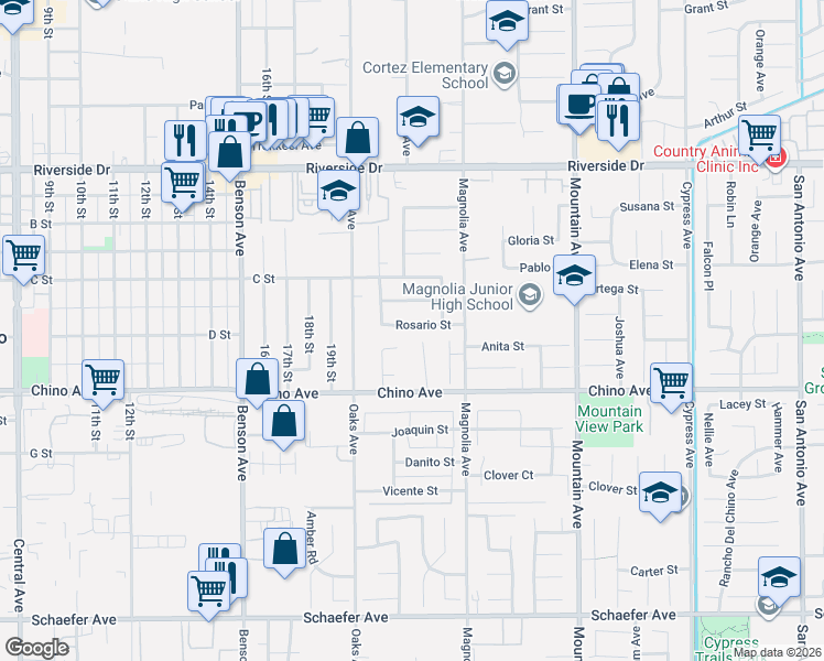 map of restaurants, bars, coffee shops, grocery stores, and more near 6025 Rosario Street in Chino