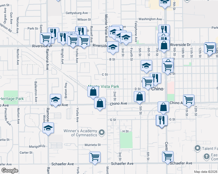 map of restaurants, bars, coffee shops, grocery stores, and more near 13171 Monte Vista Avenue in Chino
