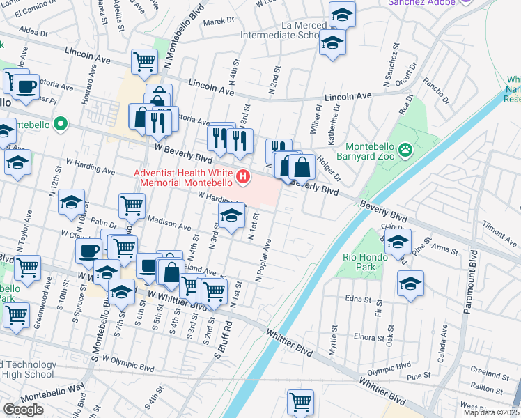 map of restaurants, bars, coffee shops, grocery stores, and more near 107 1/2 West Harding Avenue in Montebello