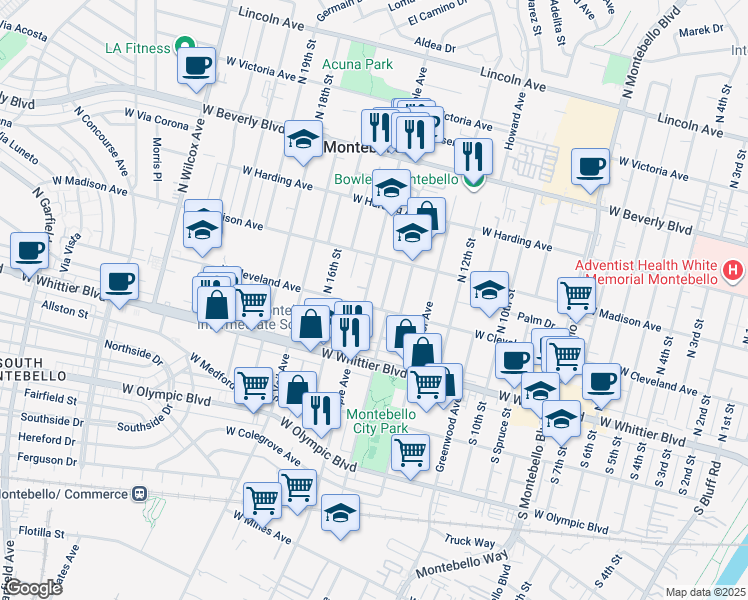 map of restaurants, bars, coffee shops, grocery stores, and more near 209 North Maple Avenue in Montebello