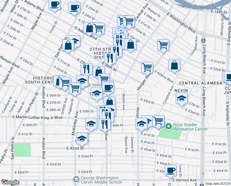 map of restaurants, bars, coffee shops, grocery stores, and more near 1141 East 33rd Street in Los Angeles