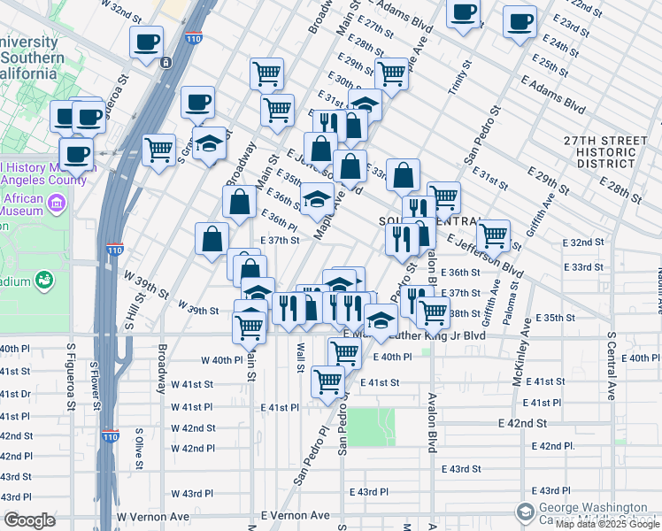 map of restaurants, bars, coffee shops, grocery stores, and more near 3728 Wall Street in Los Angeles