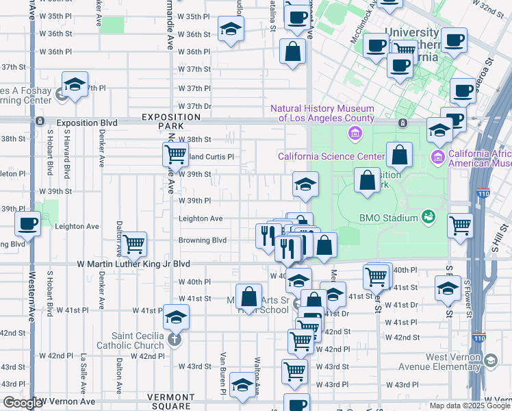 map of restaurants, bars, coffee shops, grocery stores, and more near 1092 West 39th Place in Los Angeles