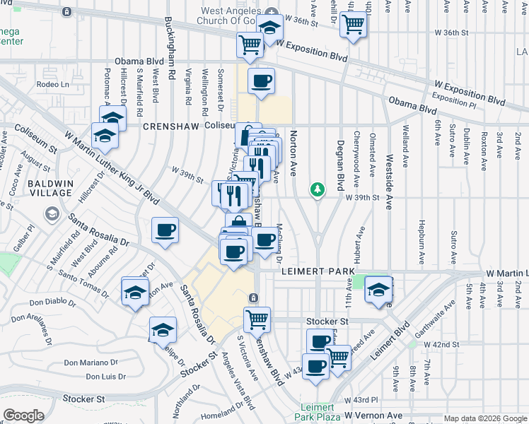 map of restaurants, bars, coffee shops, grocery stores, and more near 218 Crenshaw Boulevard in Los Angeles