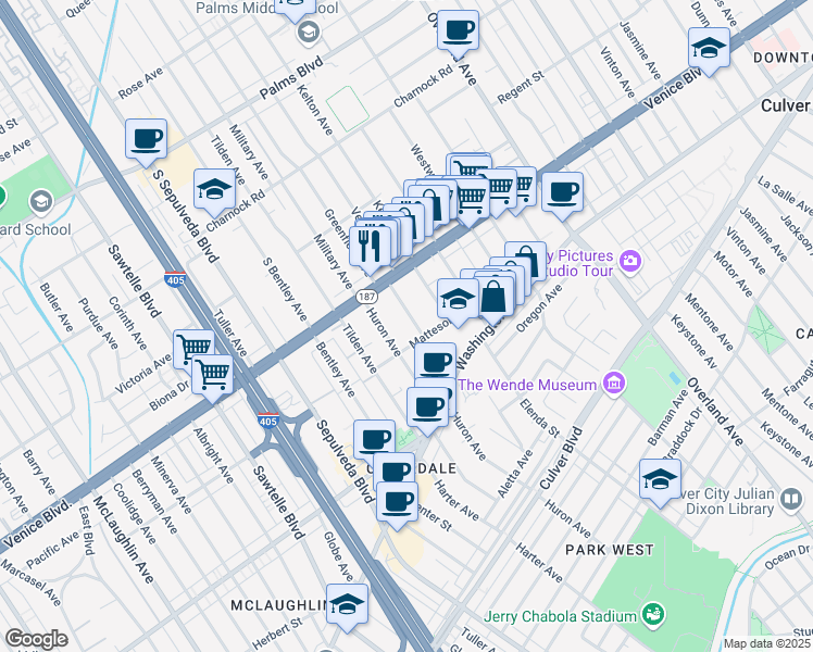 map of restaurants, bars, coffee shops, grocery stores, and more near 3864 Prospect Avenue in Culver City