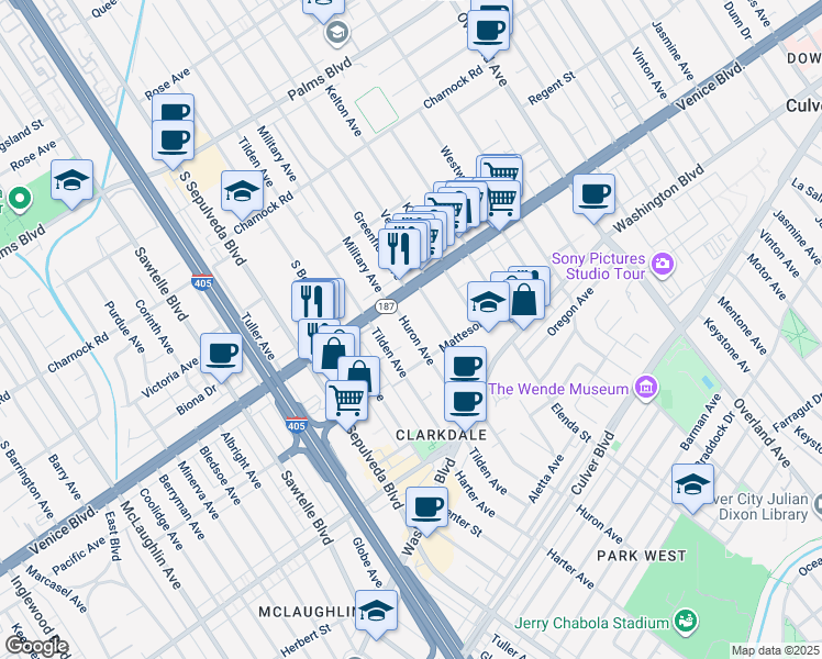 map of restaurants, bars, coffee shops, grocery stores, and more near 3836 Huron Avenue in Culver City