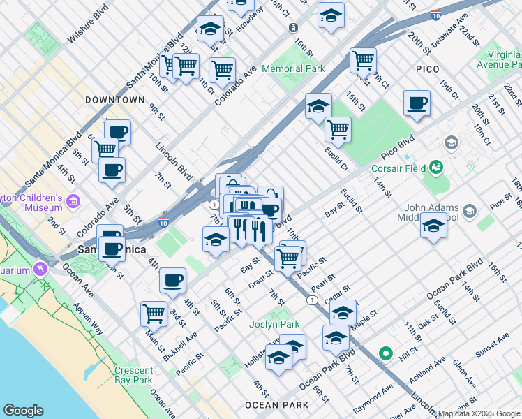 map of restaurants, bars, coffee shops, grocery stores, and more near 1854 10th Street in Santa Monica